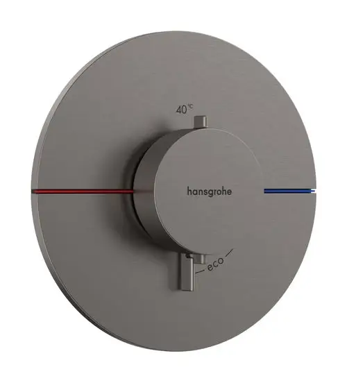 Thermostat von Hansgrohe in gebürstetem Schwarzchrom mit Regler und Anzeige für Temperatur und Eco-Einstellung, montiert auf runder Platte.